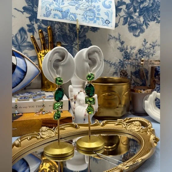🆕 OSCAR DE LA RENTA 🧿 NWOT Goldtone & Green Crystal Geometric Drop Earring - Picture 6 of 16